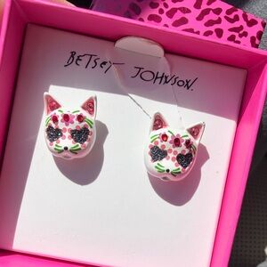 Betsey Johnson White and Pink Cat Sugar Skull Stud Earrings